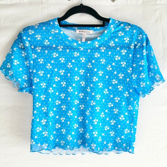 Retro BCBGeneration Sky Blue Baby Tee Crop Top Whimsigoth Floral Juniors Size L - Picture 2 of 9